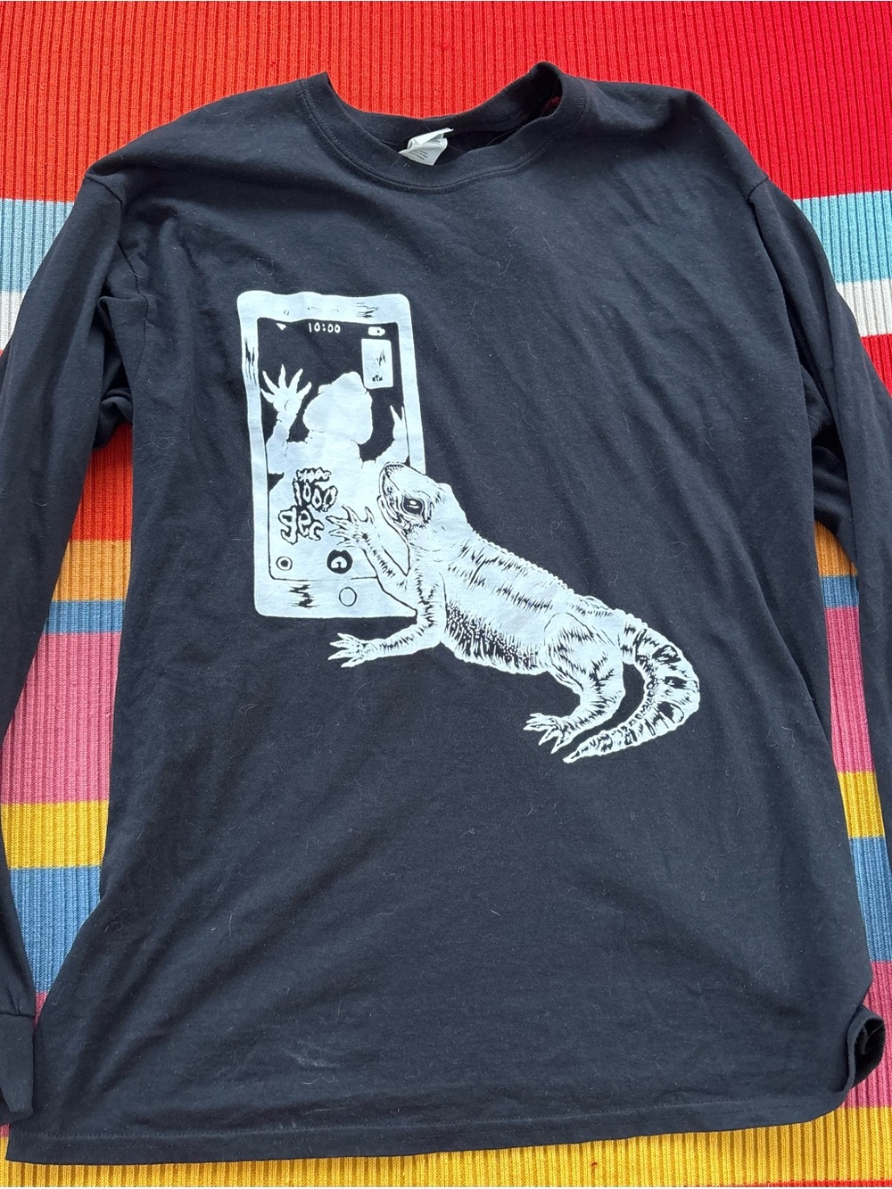 100 Gecs Black Long Sleeve Tee with White Reptile & Phone Graphic